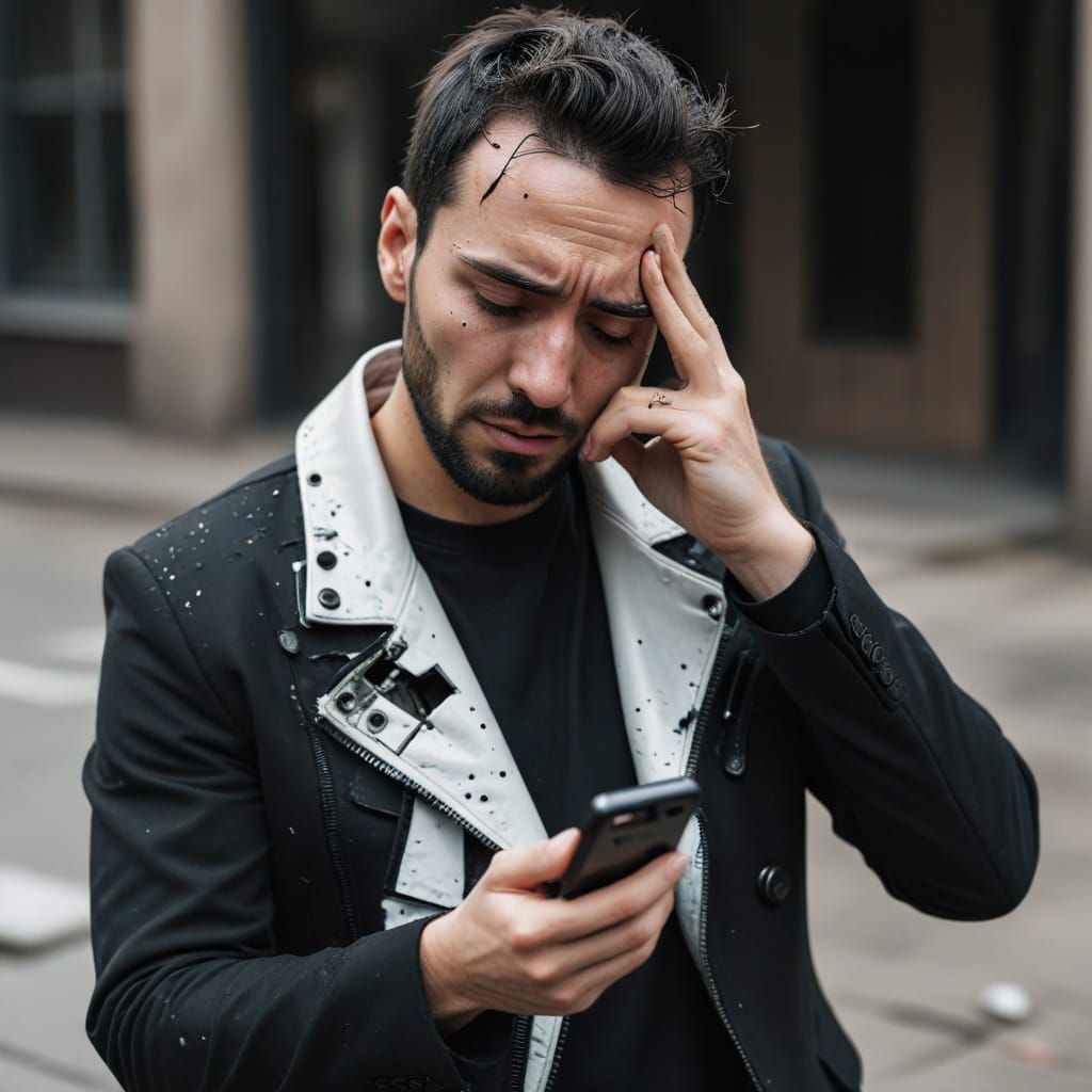 Weeping Influencer With Broken Android Cellphone