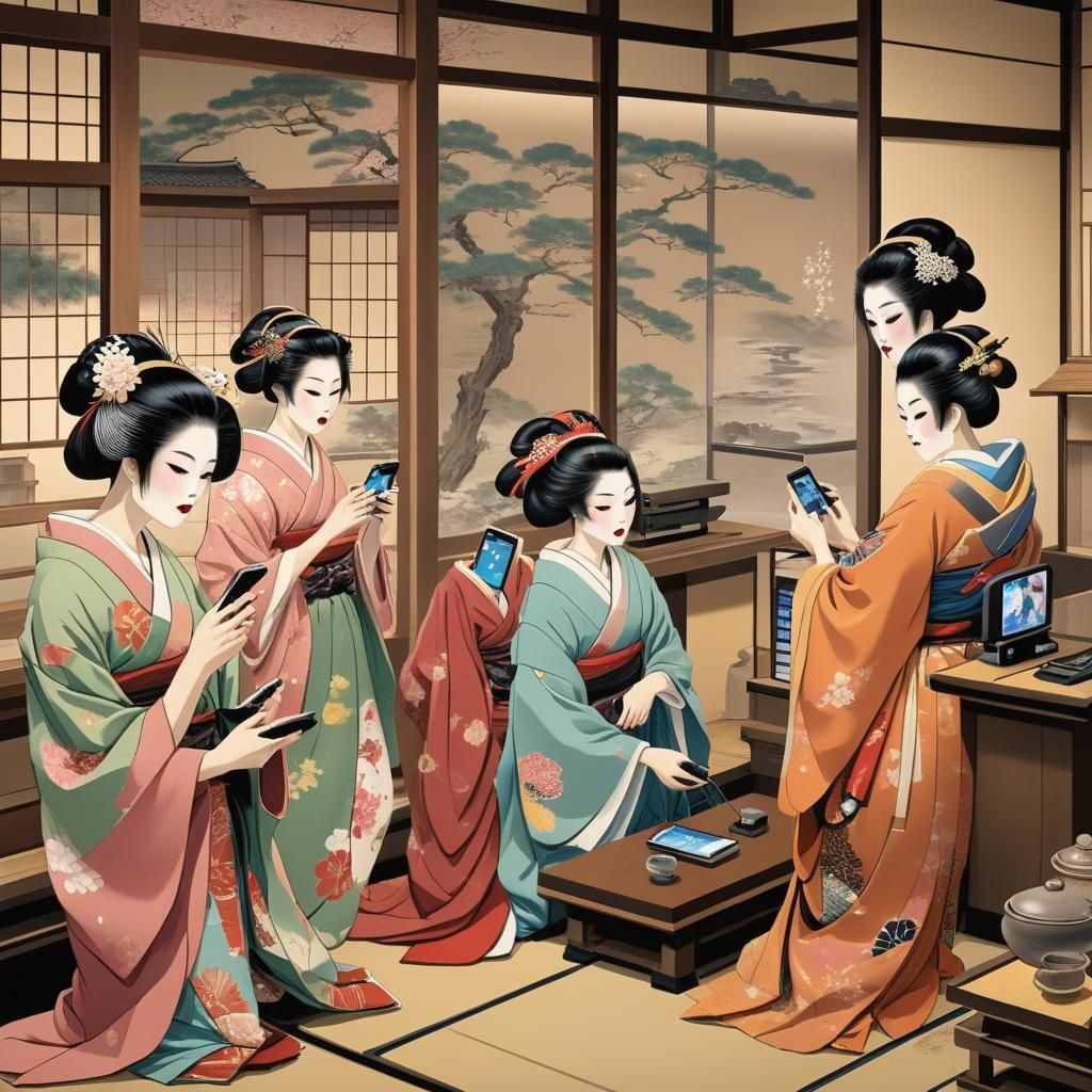 Geishas with Cell Phones in Edo Period Teahouse