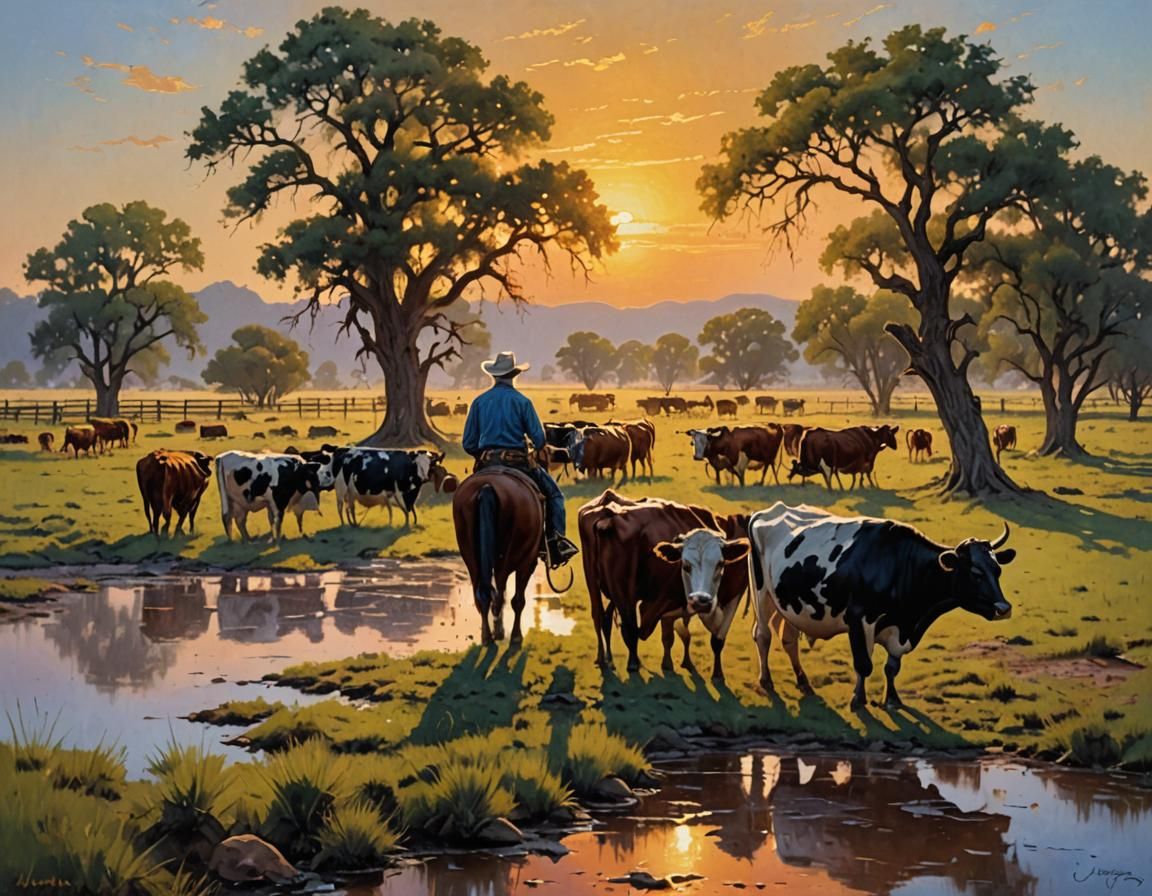 Cowboy and Cows in Texas Sunrise as Oil Painting