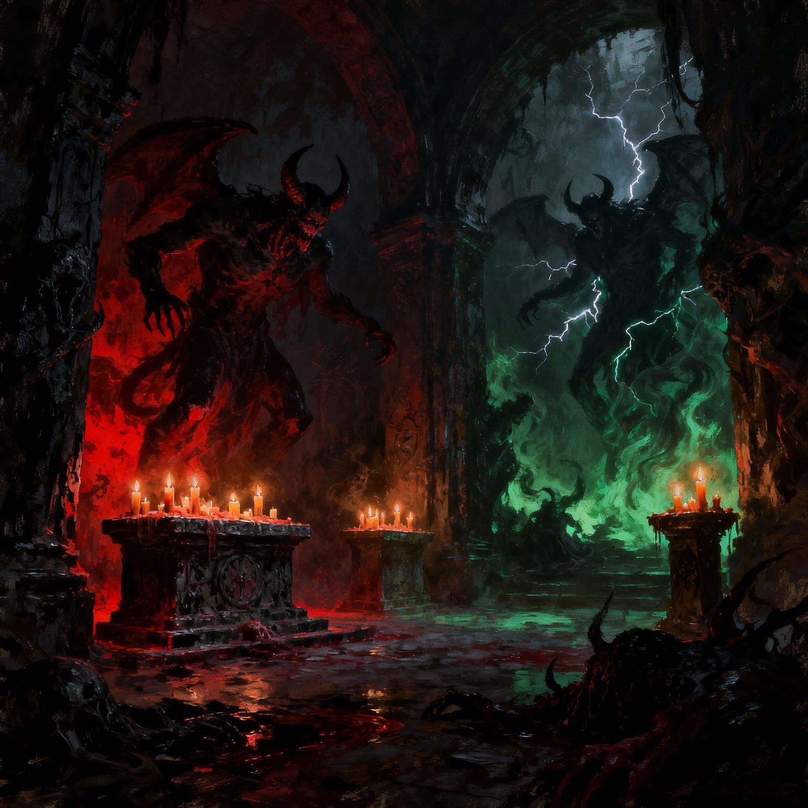 Satanic Ritual in Dimly Lit Chamber