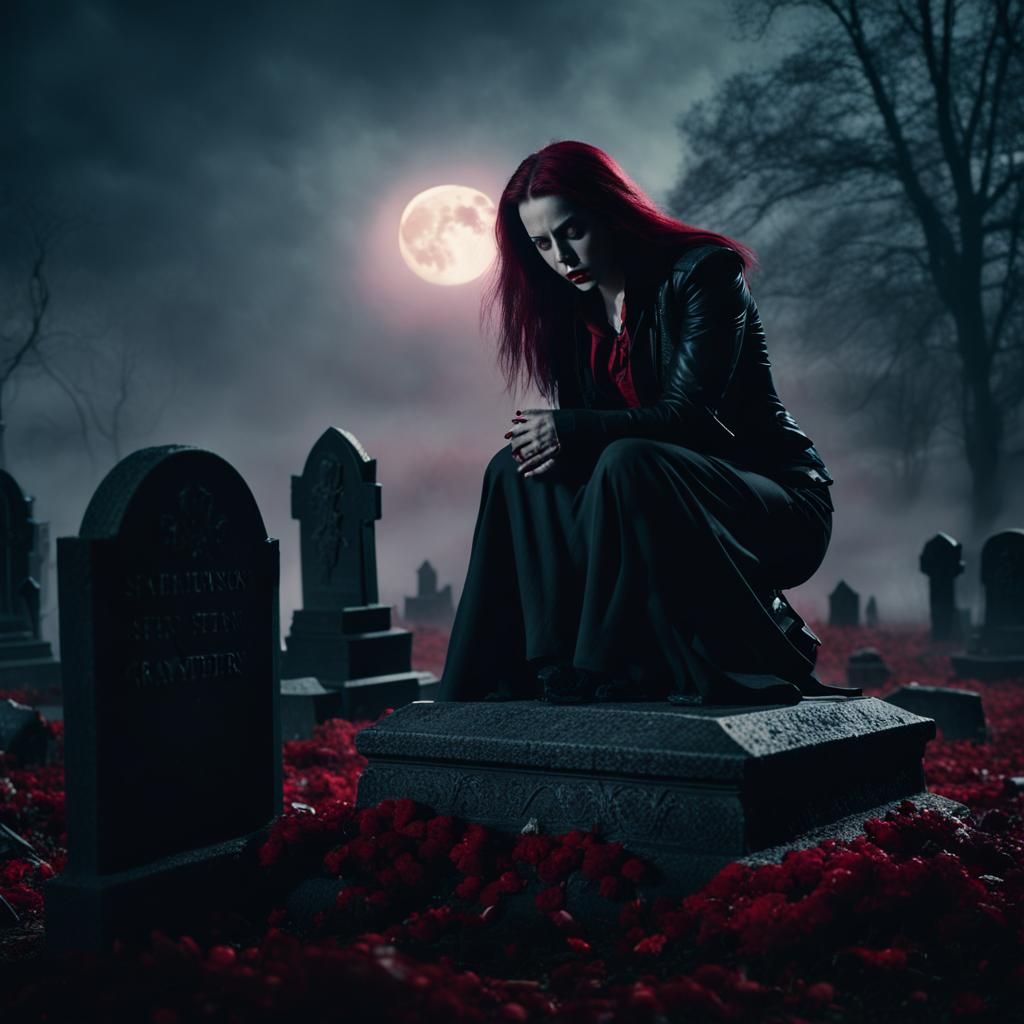 Crouched Vampire in Graveyard Film Still