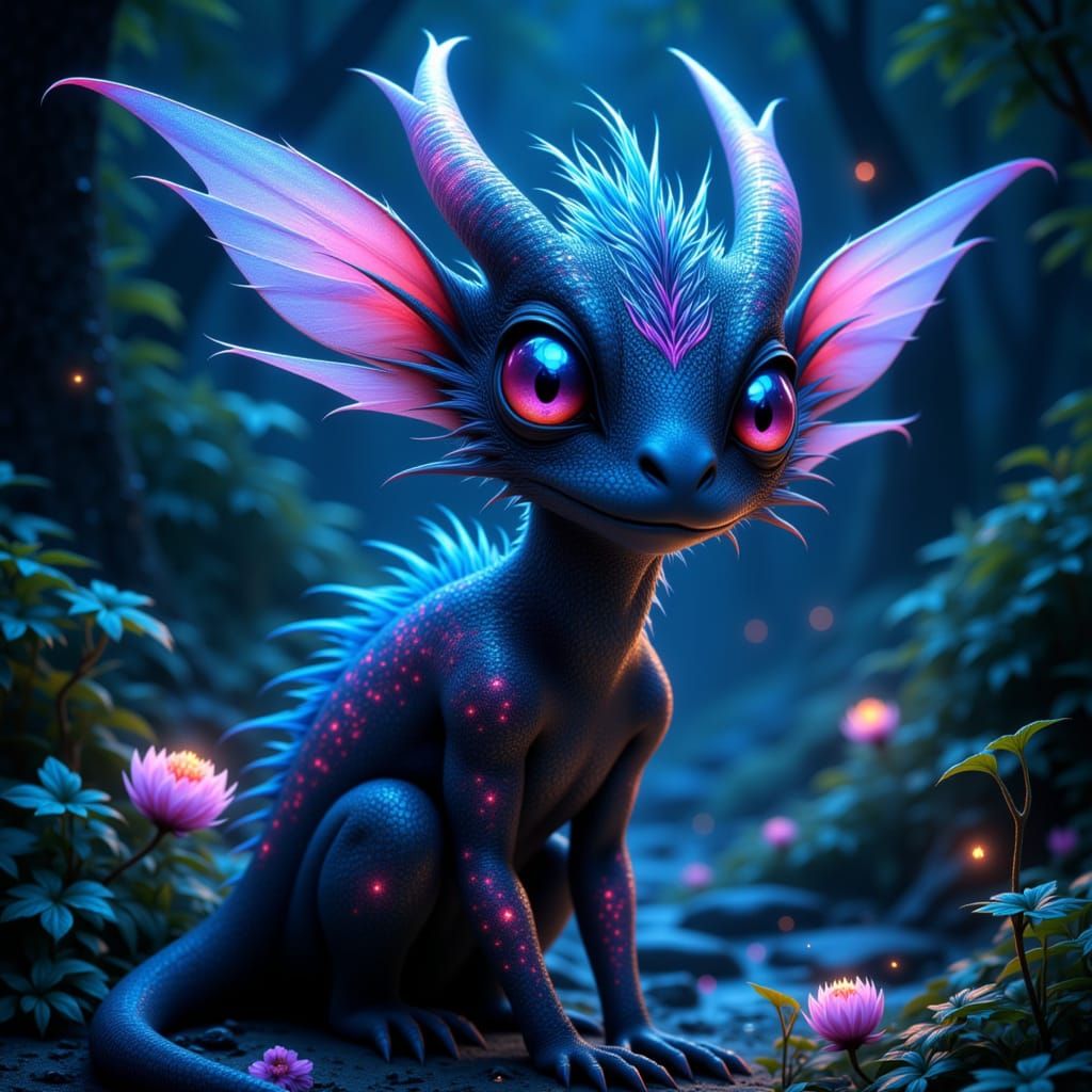 Fantastical Creature in Bioluminescent Forest, Digital Paint...