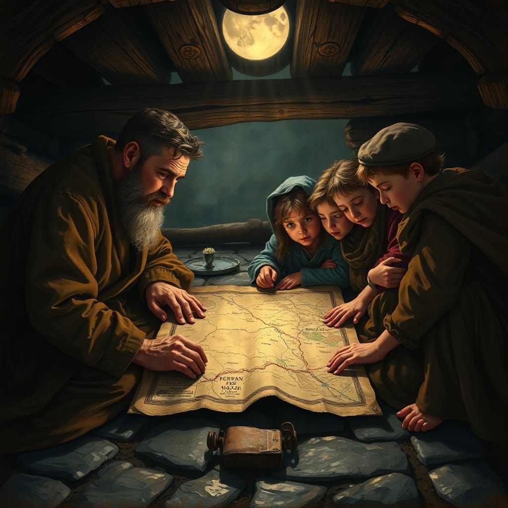 Jewish Family Discovering Ancient Map in Medieval Style