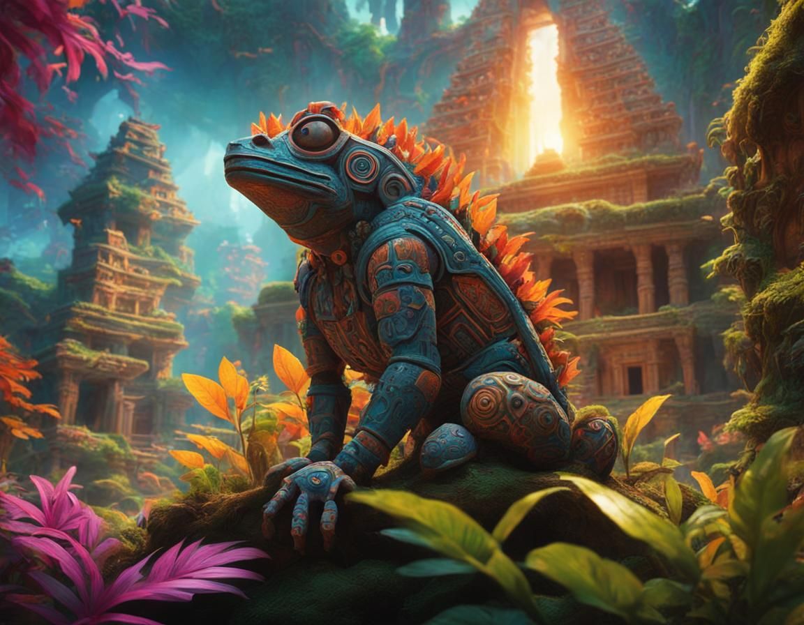 Aztec Frog Golem Guardian in Manga Style