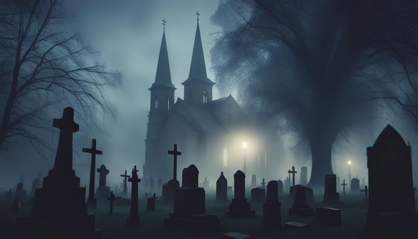 Creepy creatures walking around in a cemetery behind an old scary church on a foggy night gothic art depth of field moti...