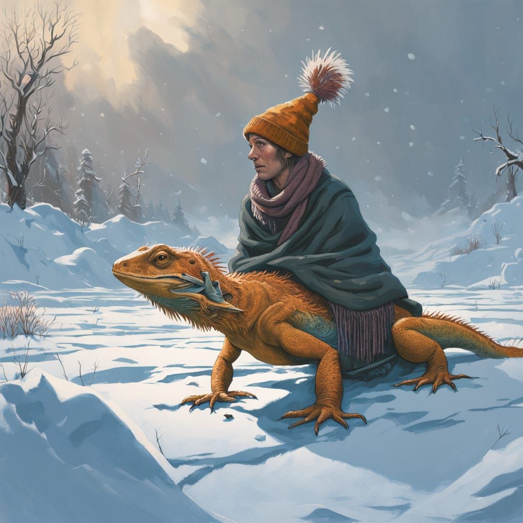 Whimsical Blizzard Lizard in Fantastical Winter Scene