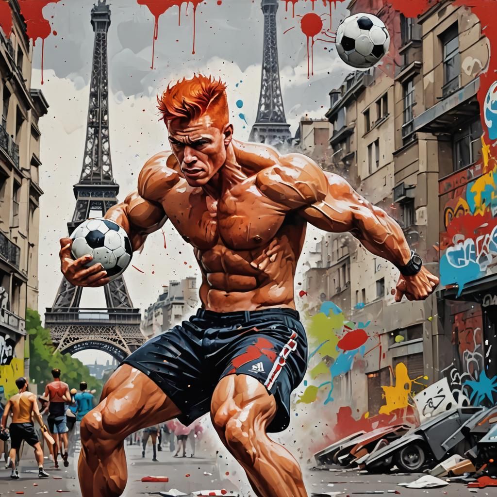 Retro Graffiti: Muscular Man Playing Soccer by Eiffel Tower
