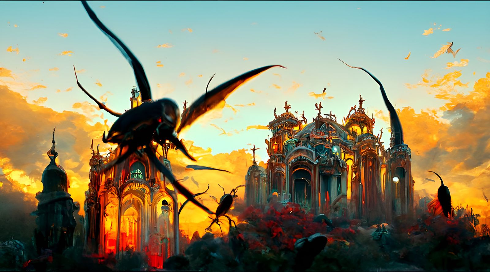 Evil Insect Cathedral at Dusk: Gothic Scorpion Architecture