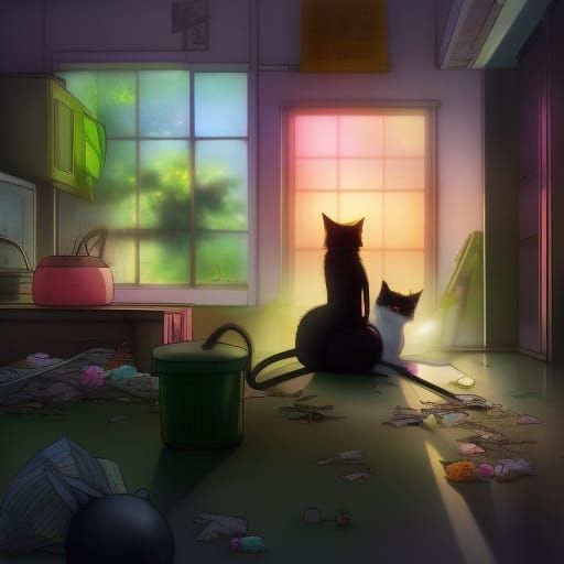 Surreal Cats in Tenement Housing: Anime Watercolor