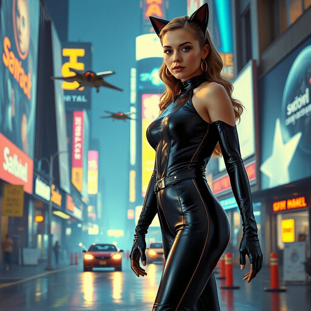 Woman in Catsuit in Neon Cityscape as Retro-Futuristic Art