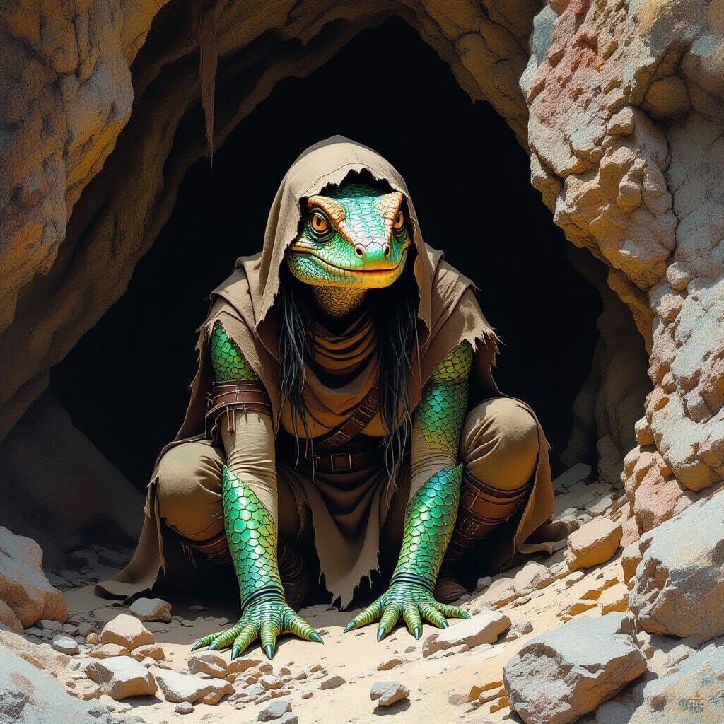 Reptile Woman Hiding in Dark Cave in Noir Style