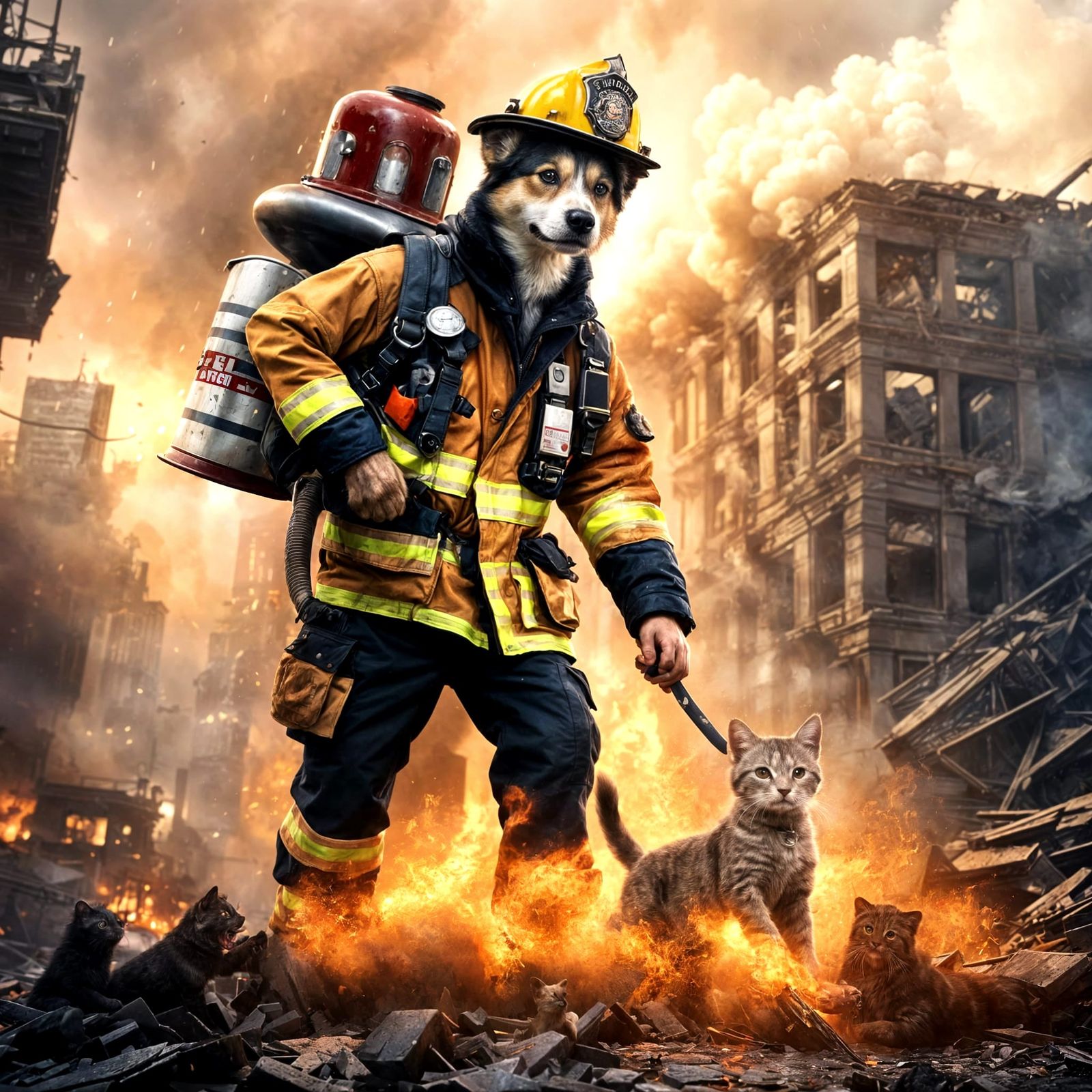 Heroic Canine Firefighter Rescues Kitten in Ruined City