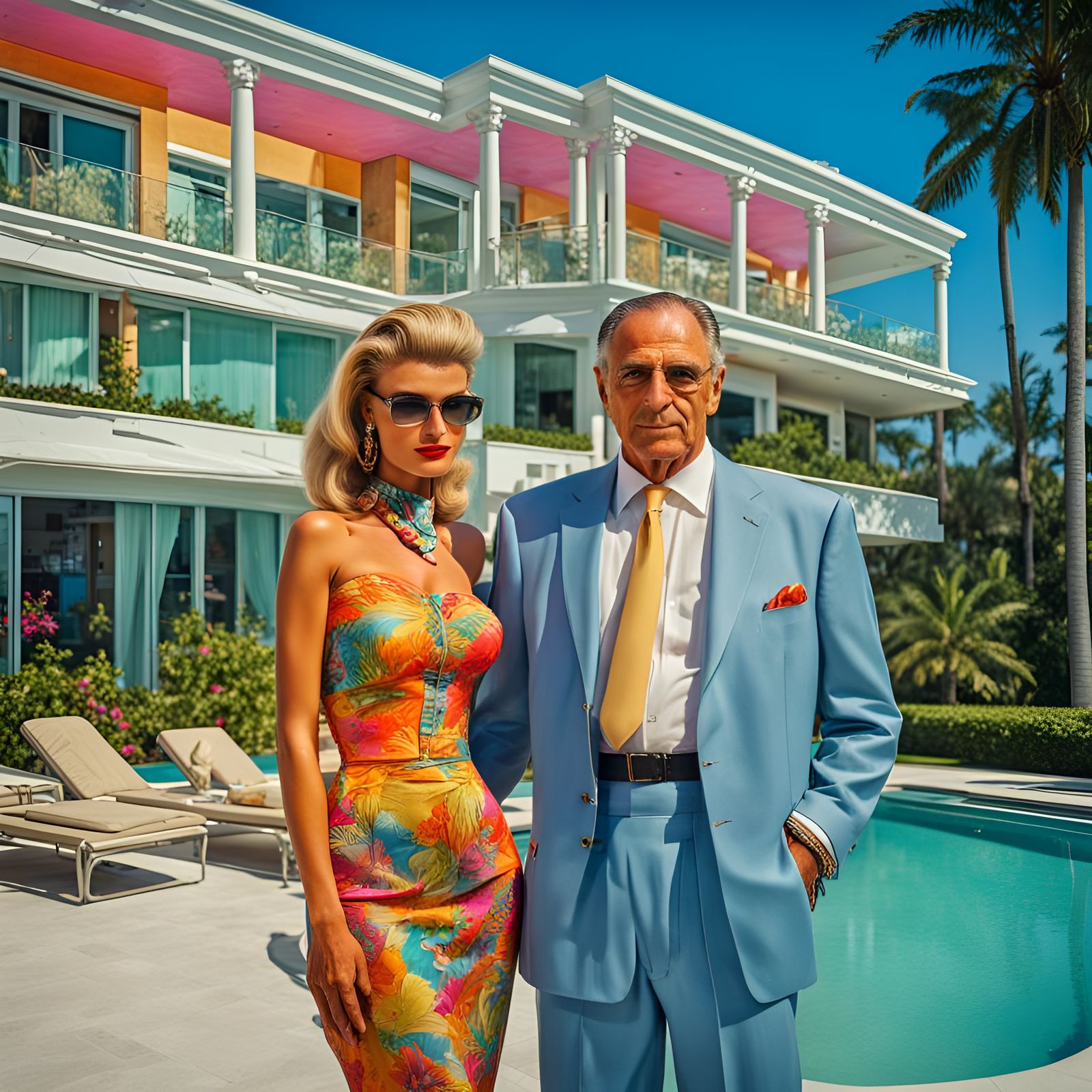 Fashionable Woman and Father in Miami Beach, 1960s Style