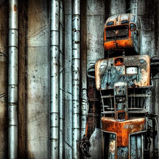 Dystopian Robot in Abandoned Industrial Scene