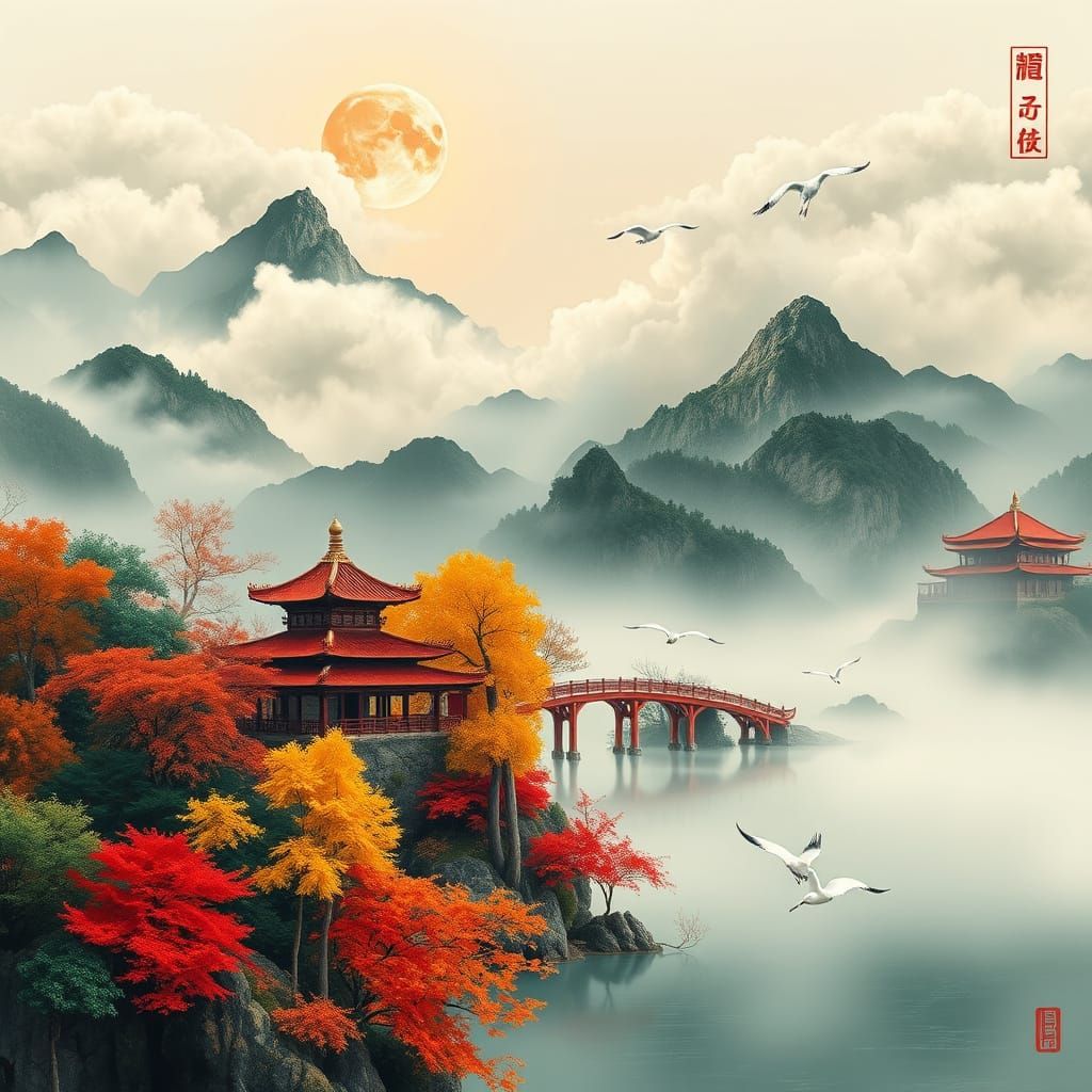 Serene Panoramic Chinese Landscape with Full Moon and Tradit...