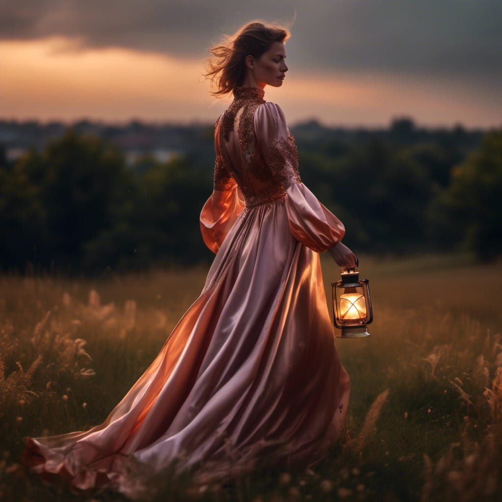 Woman in Satin Gown Walking Through Meadow at Night