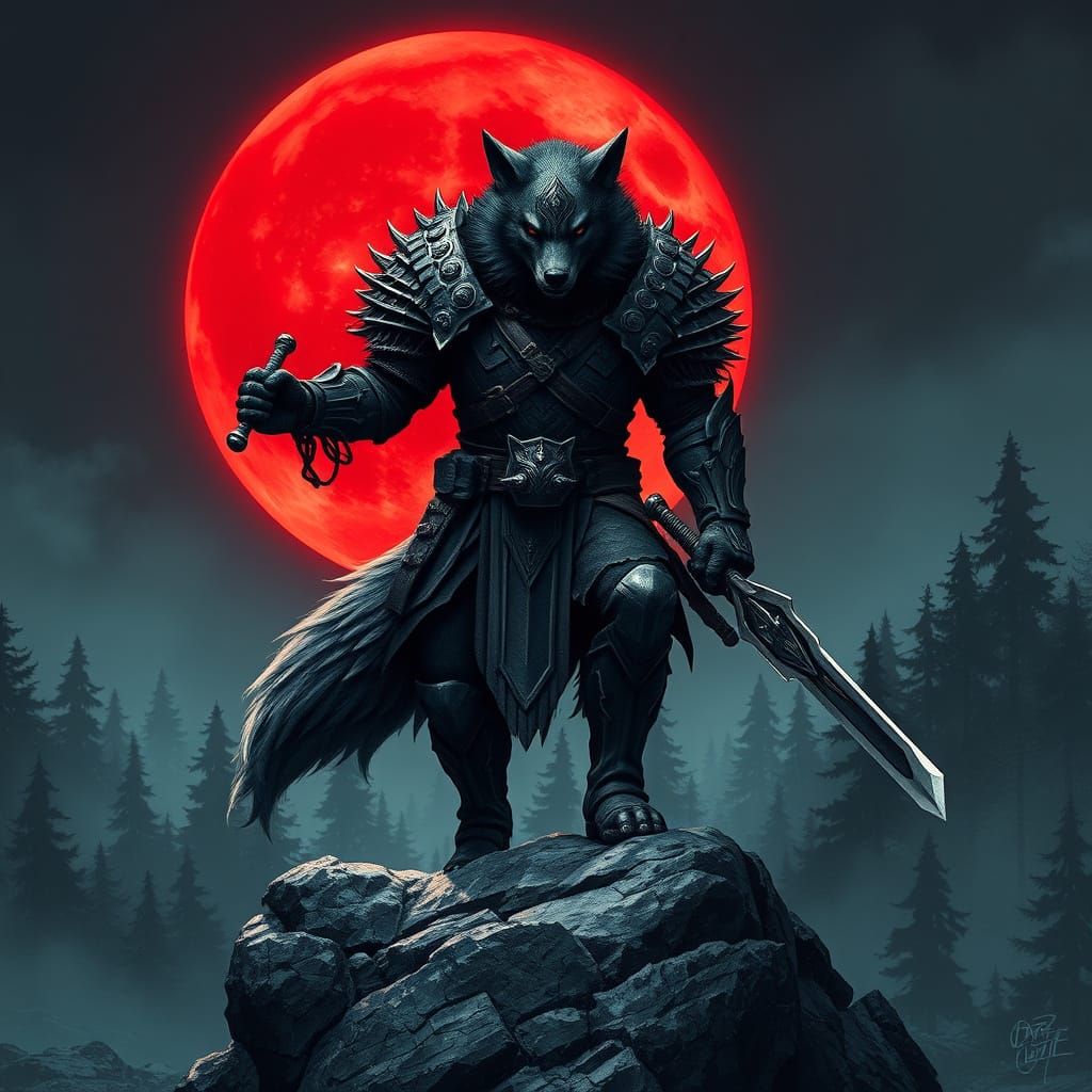 Mystical Wolf Warrior Dominates Dark Forest Under Red Moon