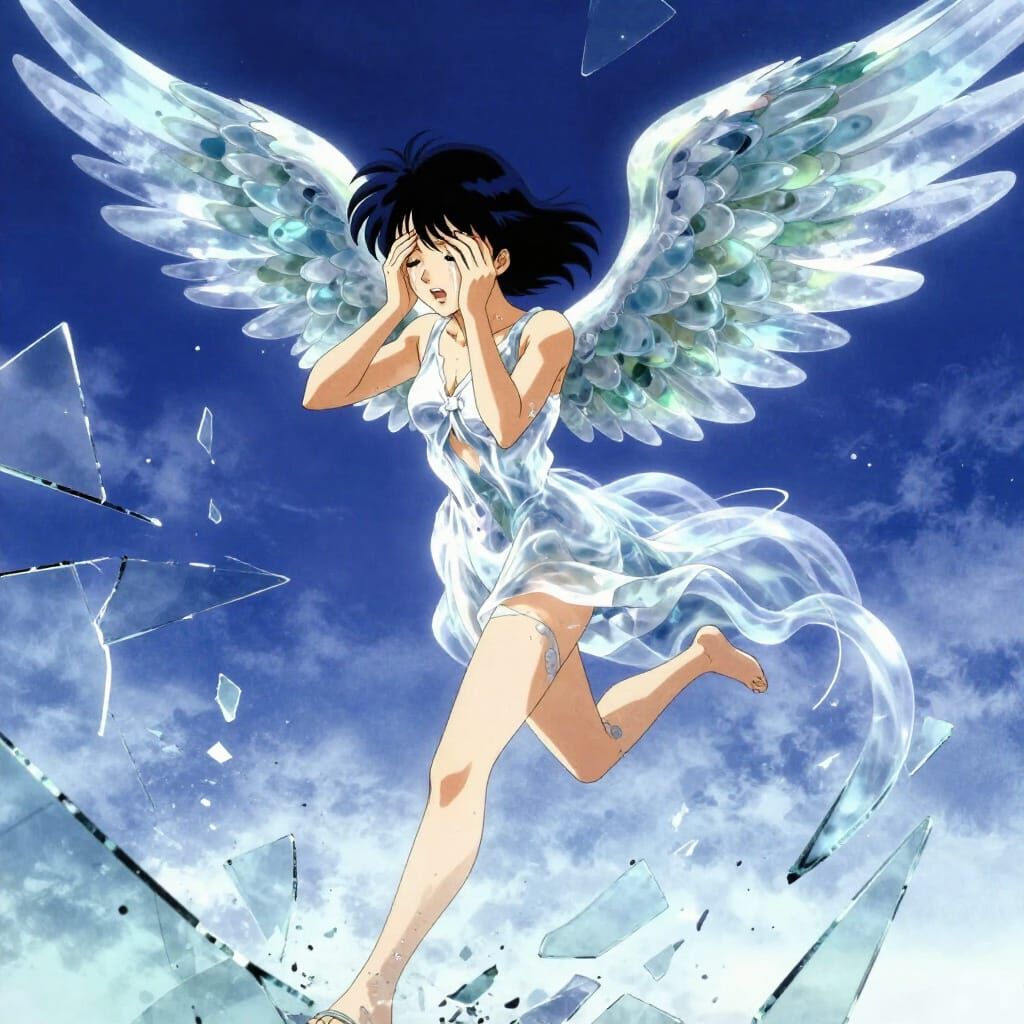 Anime Fallen Angel with Glass Wings in Shattered Sky