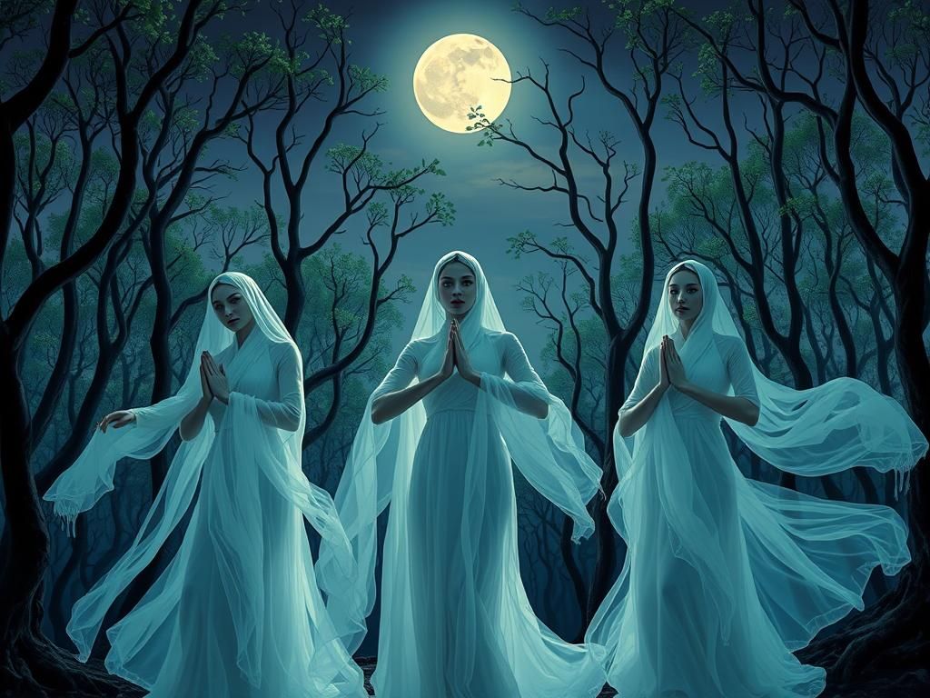 Ethereal Samodivi Dance in Moonlit Forest: Surrealist
