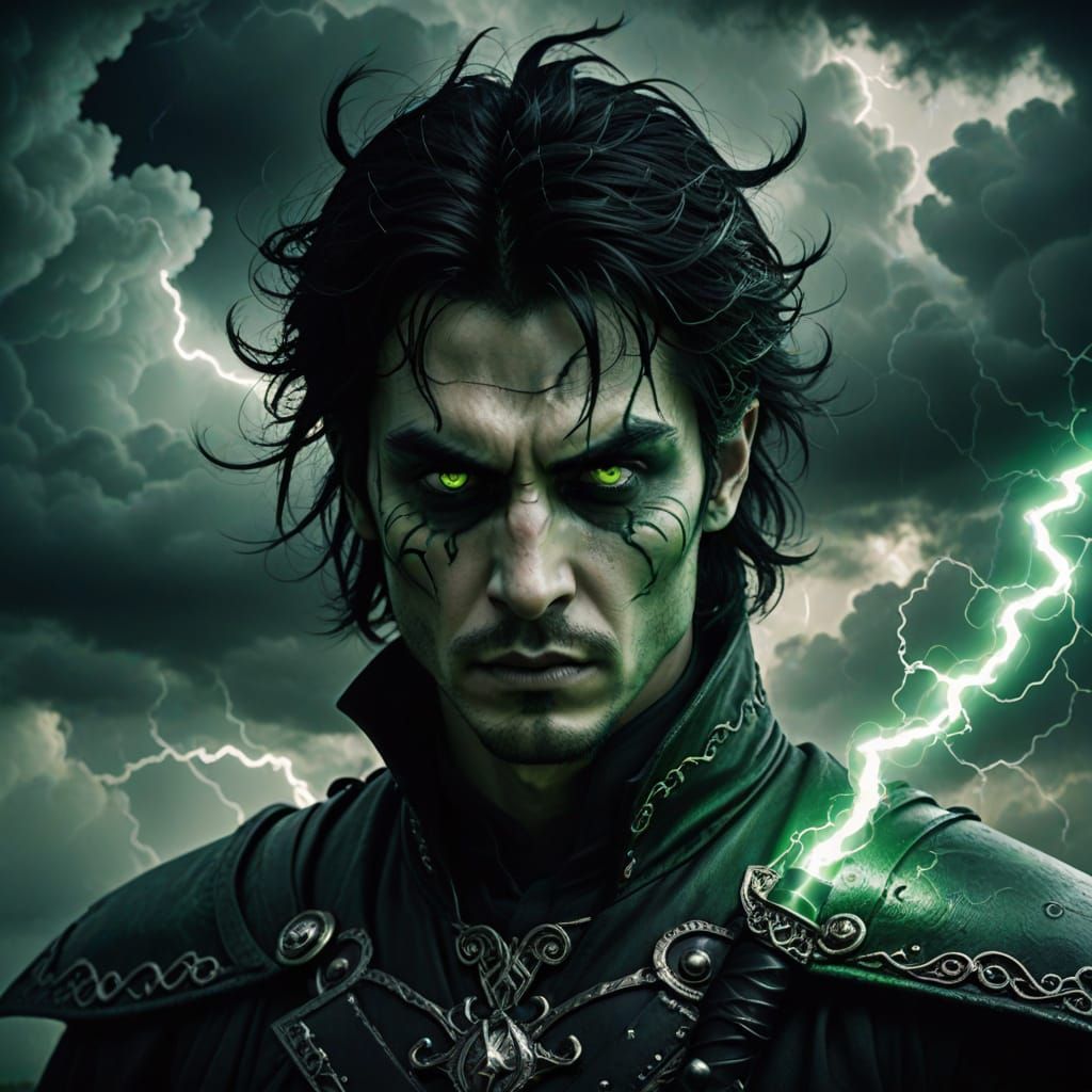 Gothic Villain with Lightning Staff in Dark Fantasy Art