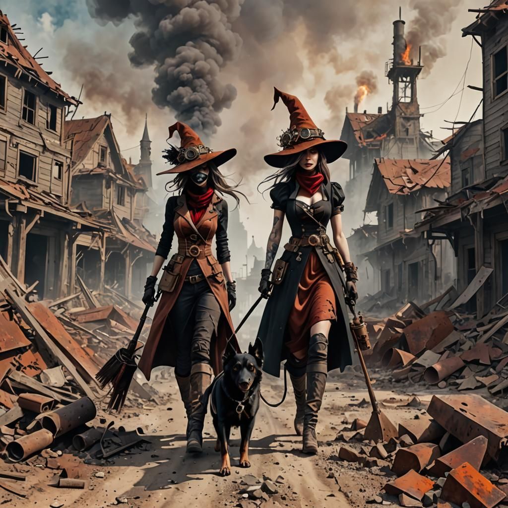 Steampunk Girl and Dog in Ruined Village