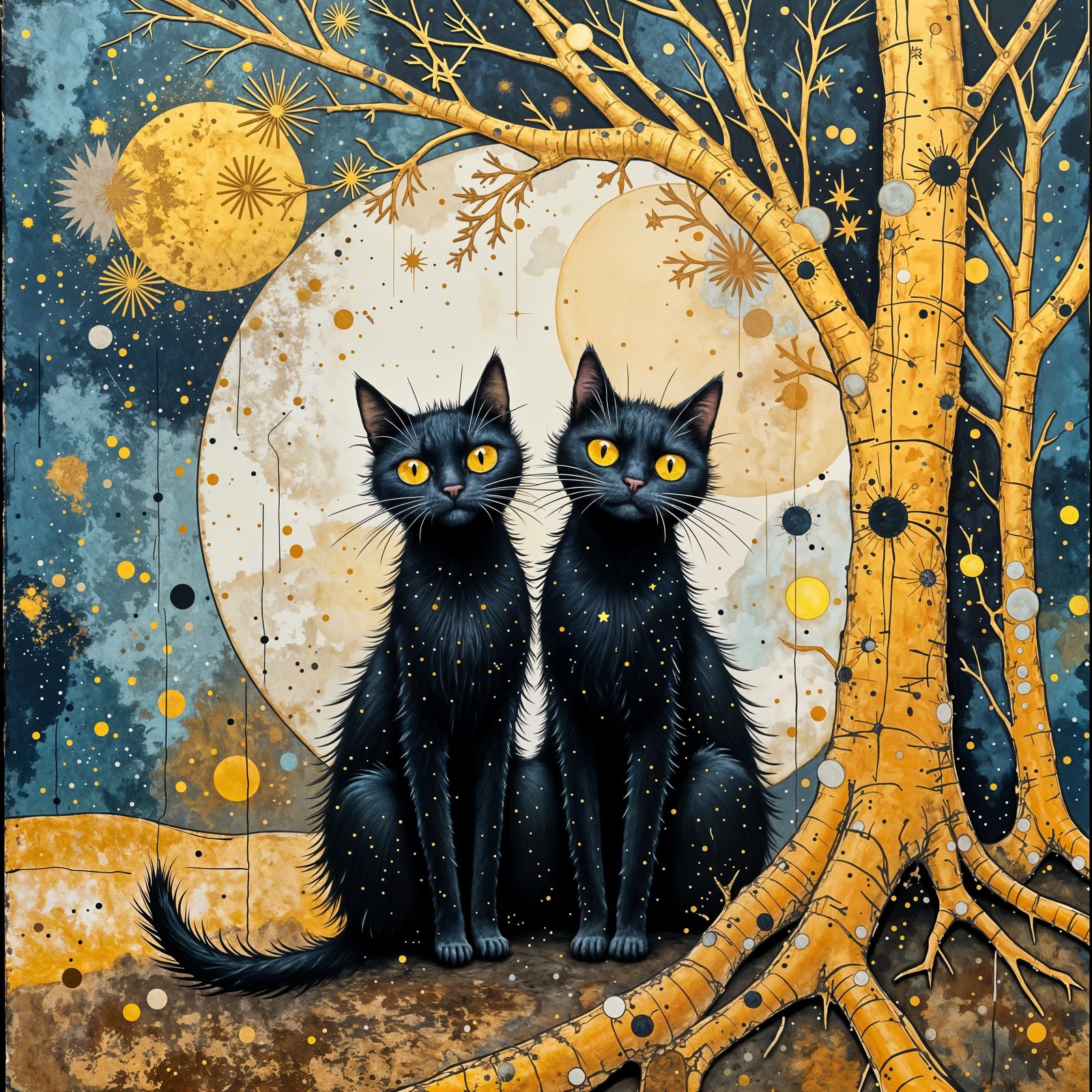 Black Cats in Abstract Blue and Gold Landscape