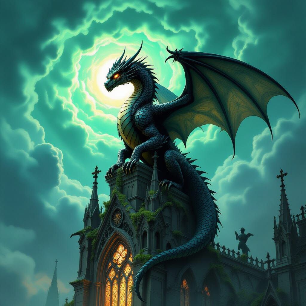 Obsidian Dragon on Gothic Cathedral in Dark Fantasy Style