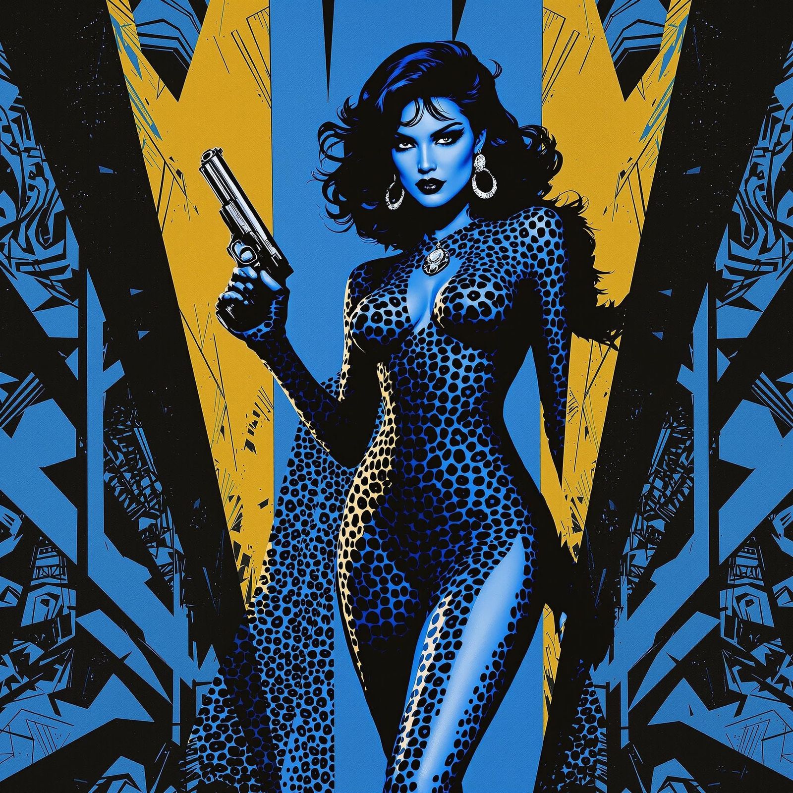 Femme Fatale in Skintight Leopard Dress, Framed by Geometric...