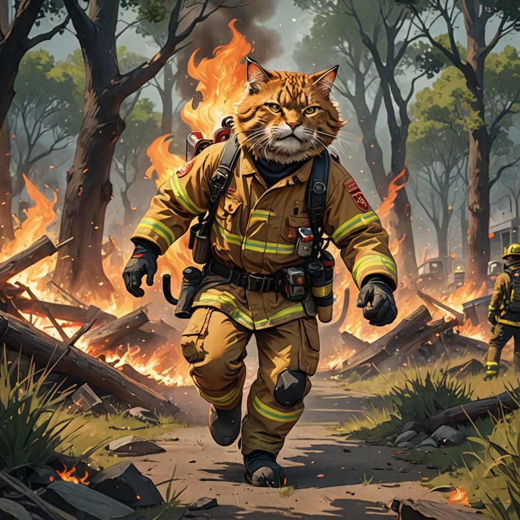 Ginger Firefighter Cat in Burning Landscape: Anime Style