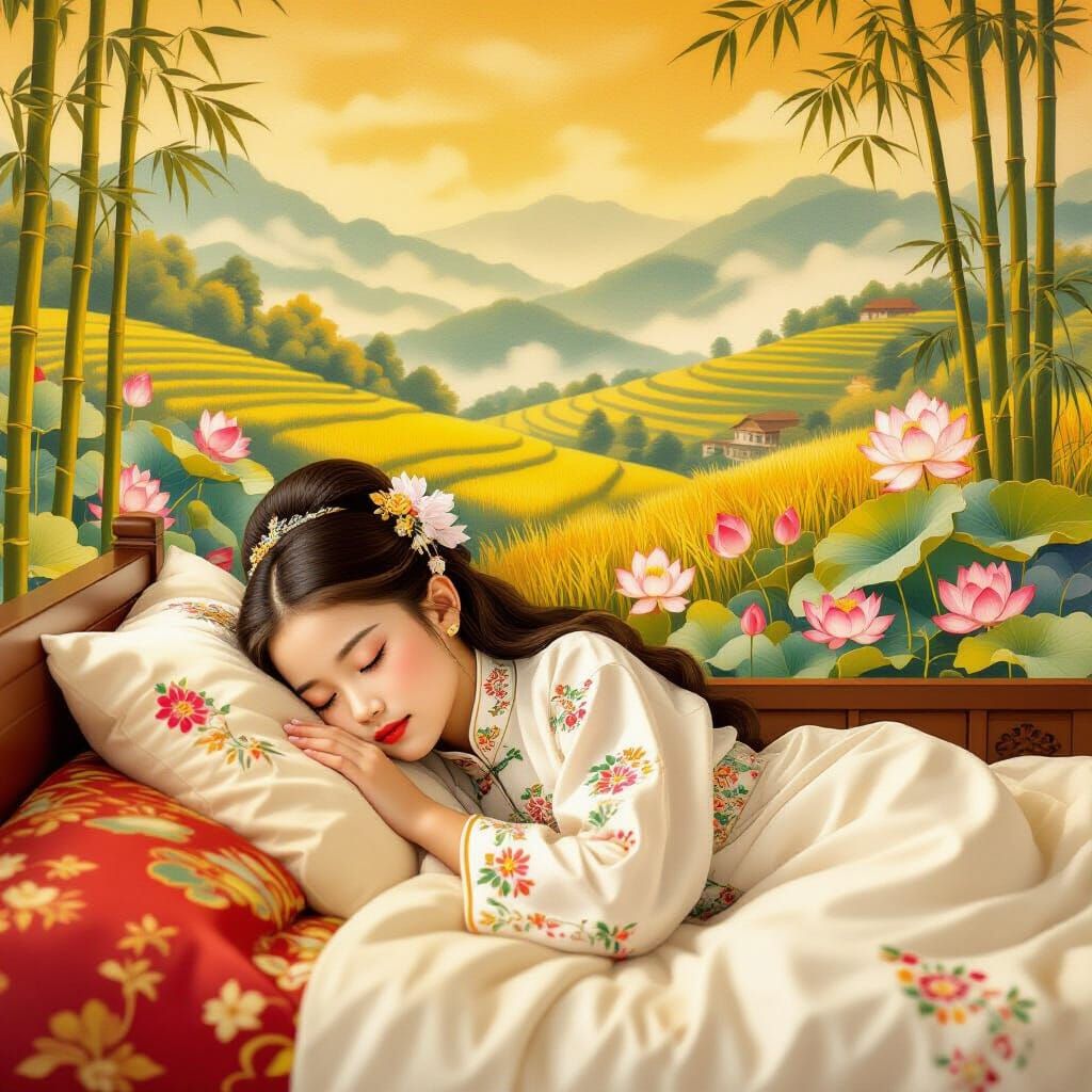 Vietnamese Girl Sleeps Peacefully in US Room with Mural