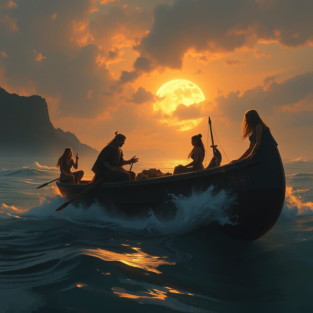 King Arthur's Voyage to Avalon in Matte Painting Style