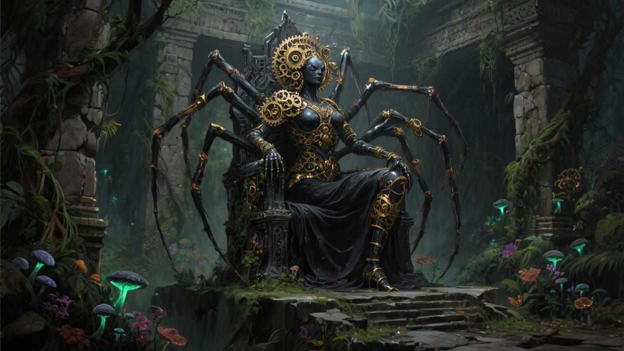 Steampunk Spider Queen on Obsidian Throne