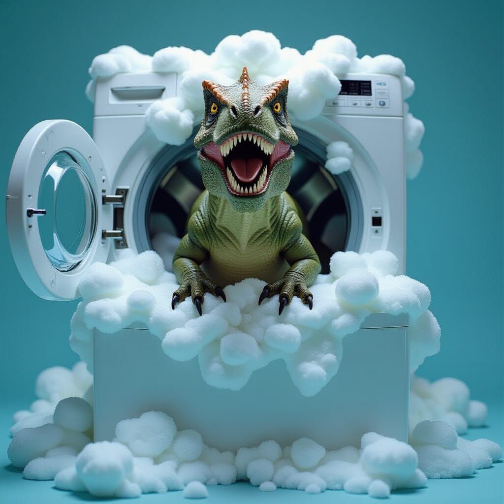T-Rex Soaking in Washing Machine with Dramatic Cinematic Lig...