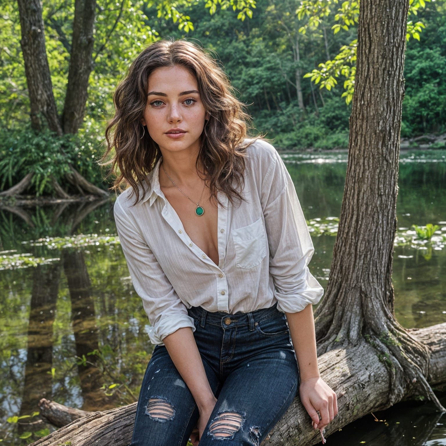 Seductive Brunette with Emerald Eyes in Natural Light