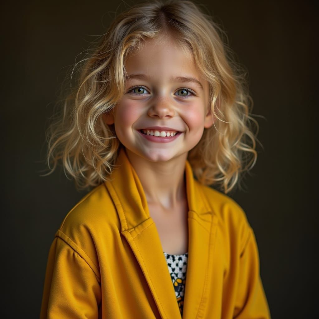 Blonde Girl Smiles in Yellow Bee Stripe Dress