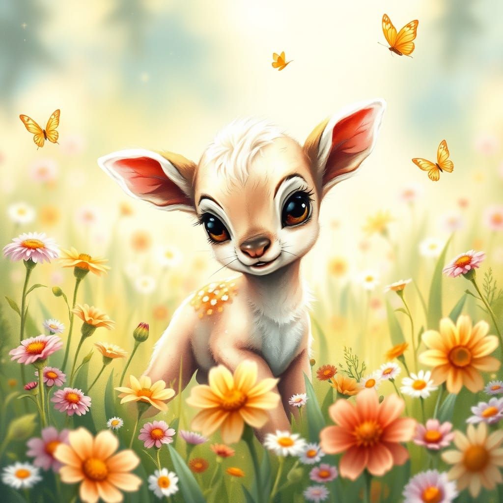 Whimsical Fawn Plays in a Lush Meadow