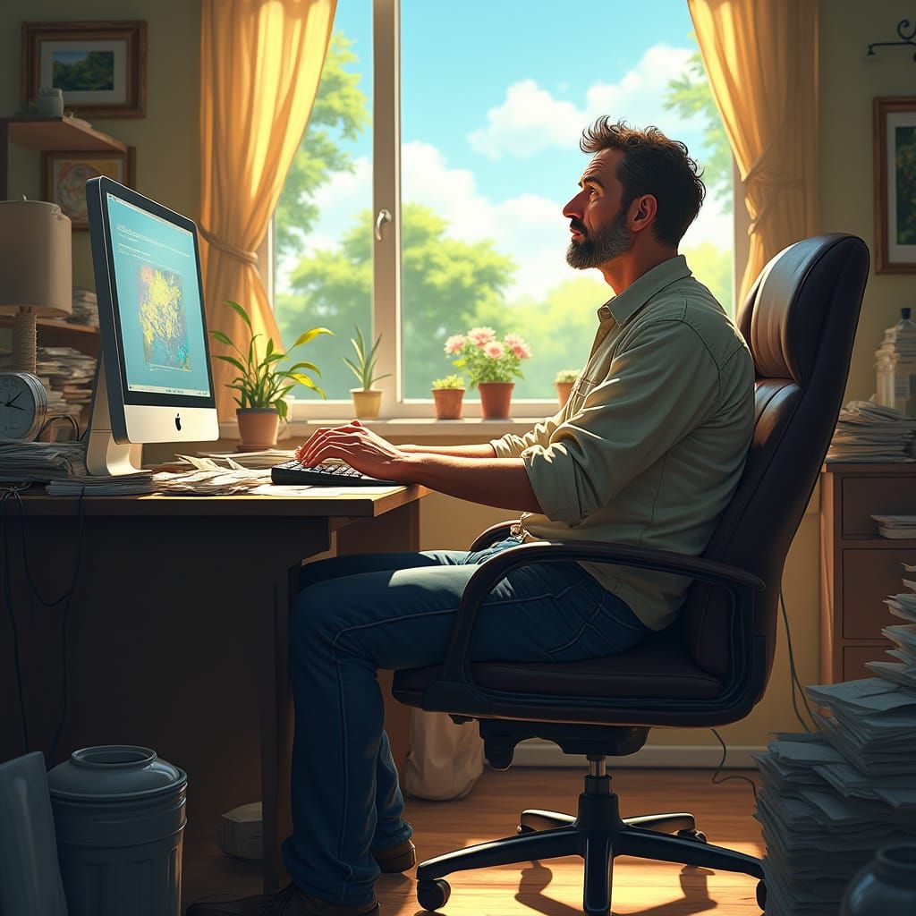 Man at Desk Gazing Out Window in 3D Anime Style