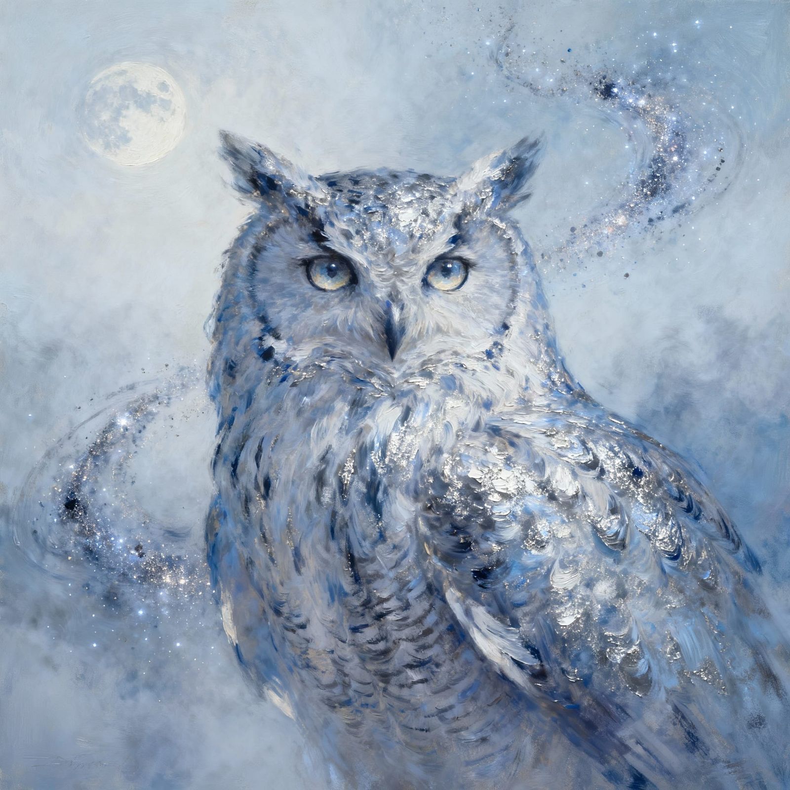 Majestic Owl with Moonlight Feathers and Cosmic Trails