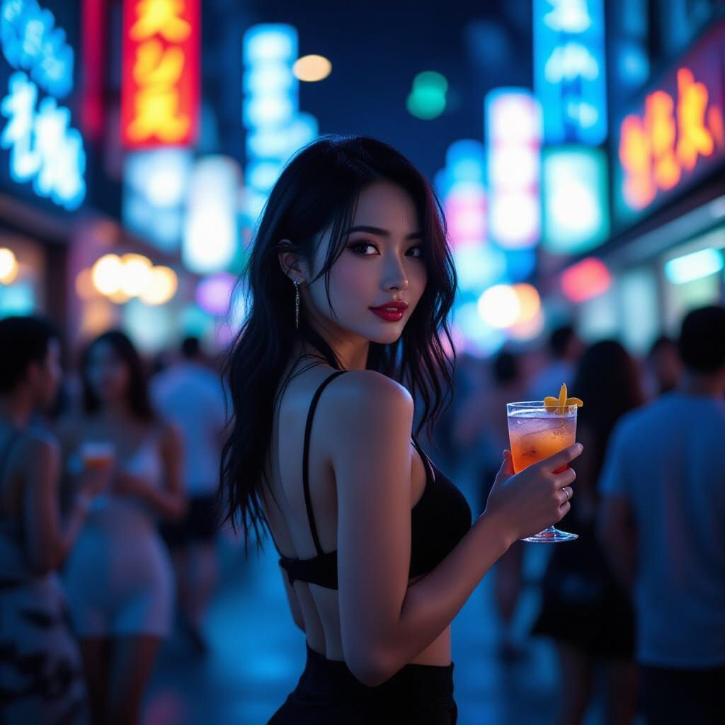 Neon Japanese Woman with Cocktail in Cyberpunk Style