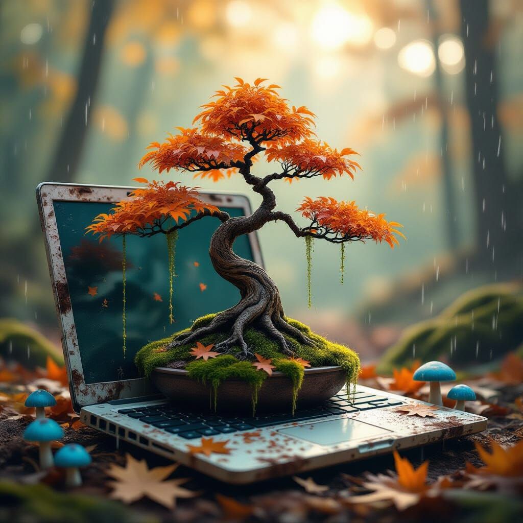Whimsical Bonsai on Rotten Laptop Art