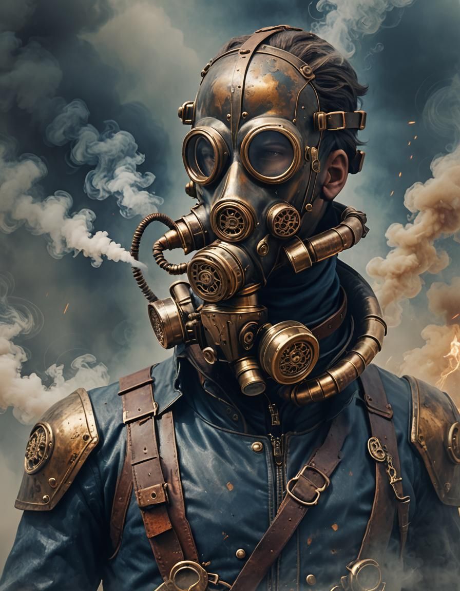 Steampunk Metal Man with Gas Mask in Smoky Scene