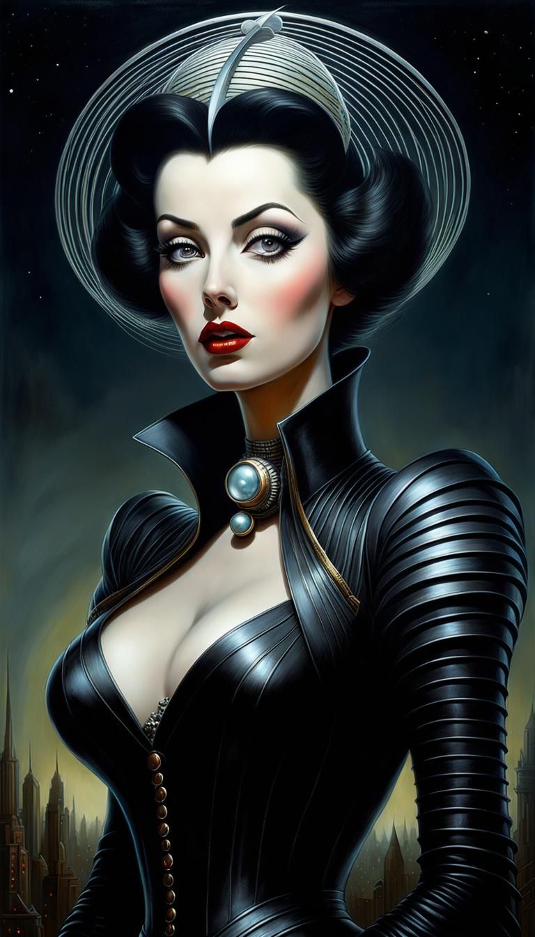 Gothic Sci-Fi Pinup Portrait in Dark Fantasy Style