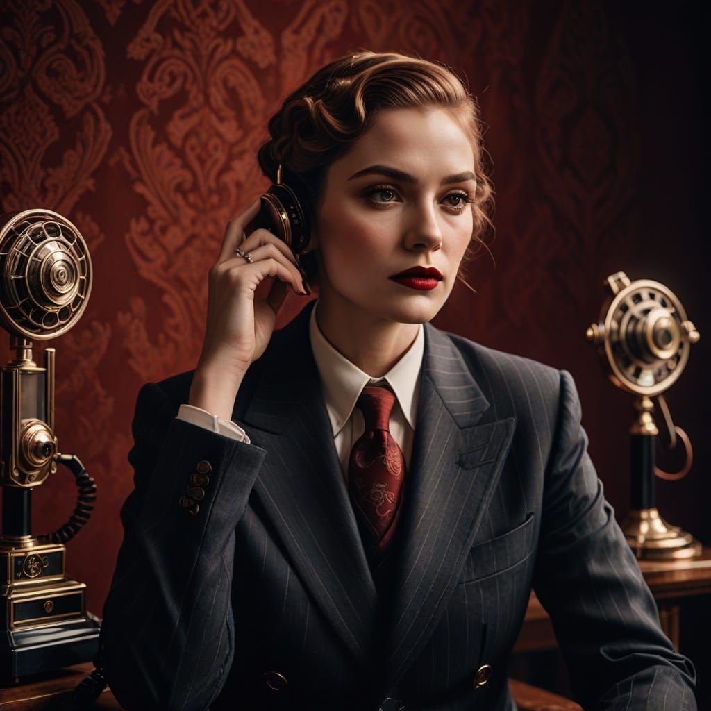 Art Deco Portrait: Man in Suit with Vintage Telephones