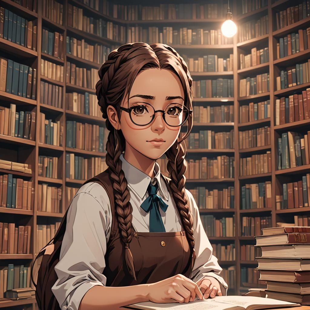 Anime Librarian with Braids in Cel-Shaded Style