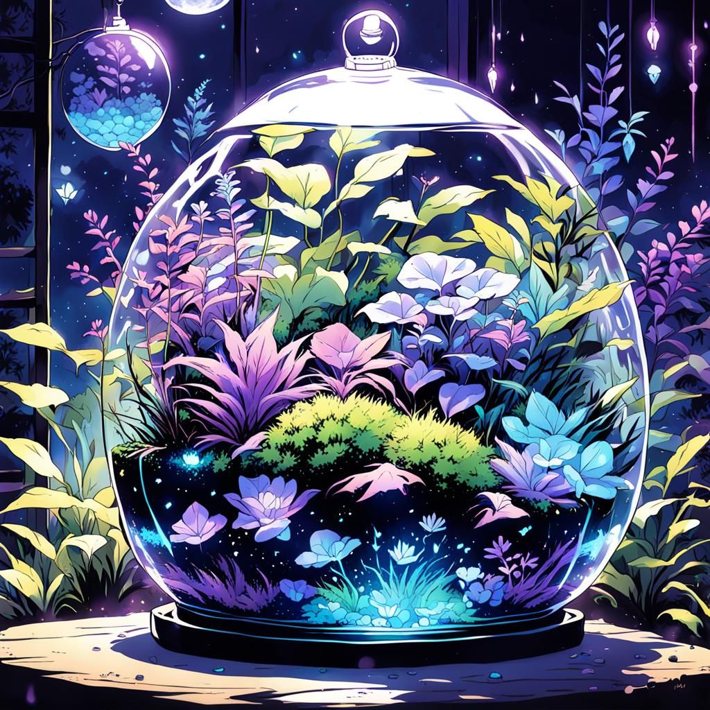 Bioluminescent Terrarium at Night: Intense Light