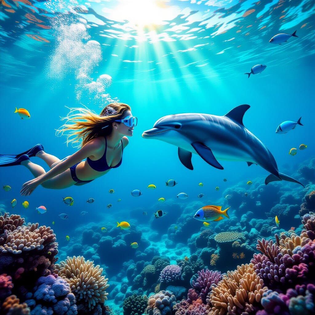 Diver and Dolphin Encounter on Vibrant Coral Reef
