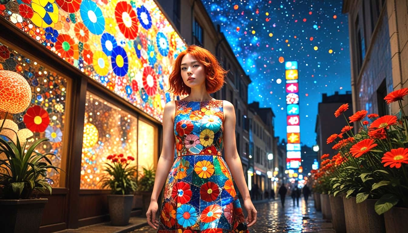Red-Haired Woman on Neon Streets, Klimt & Murakami Style