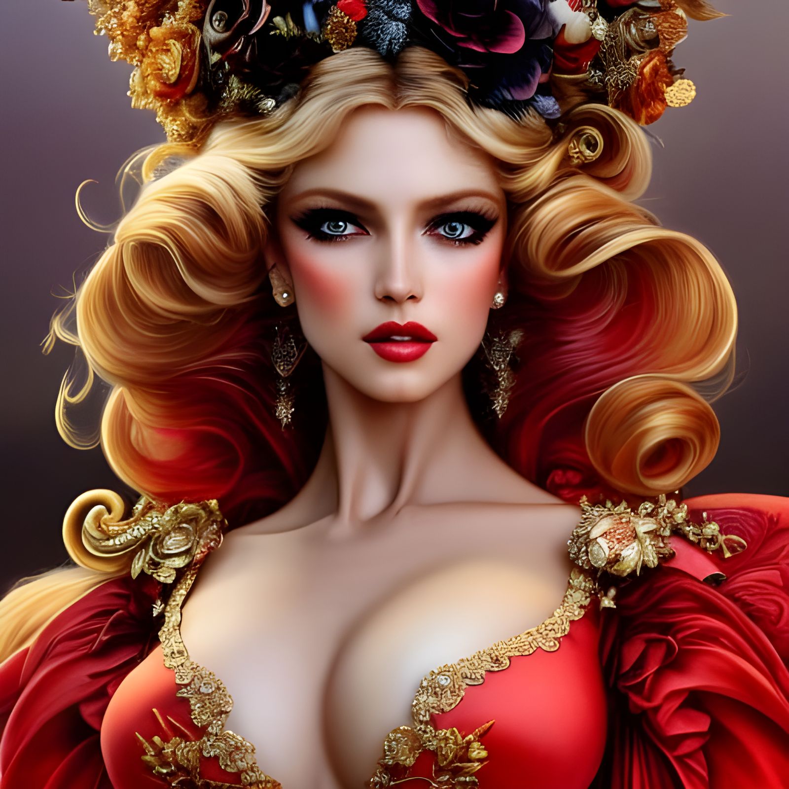 Glamorous Blonde in Red Dress: Rococo Hyperdetailed Portrait
