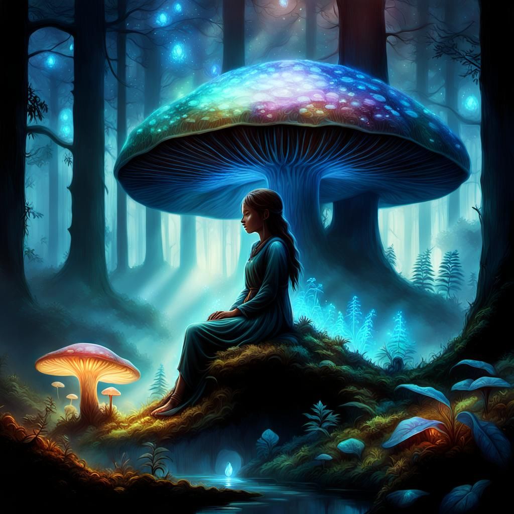 Fantasy Forest Scene with Iridescent Mushroom