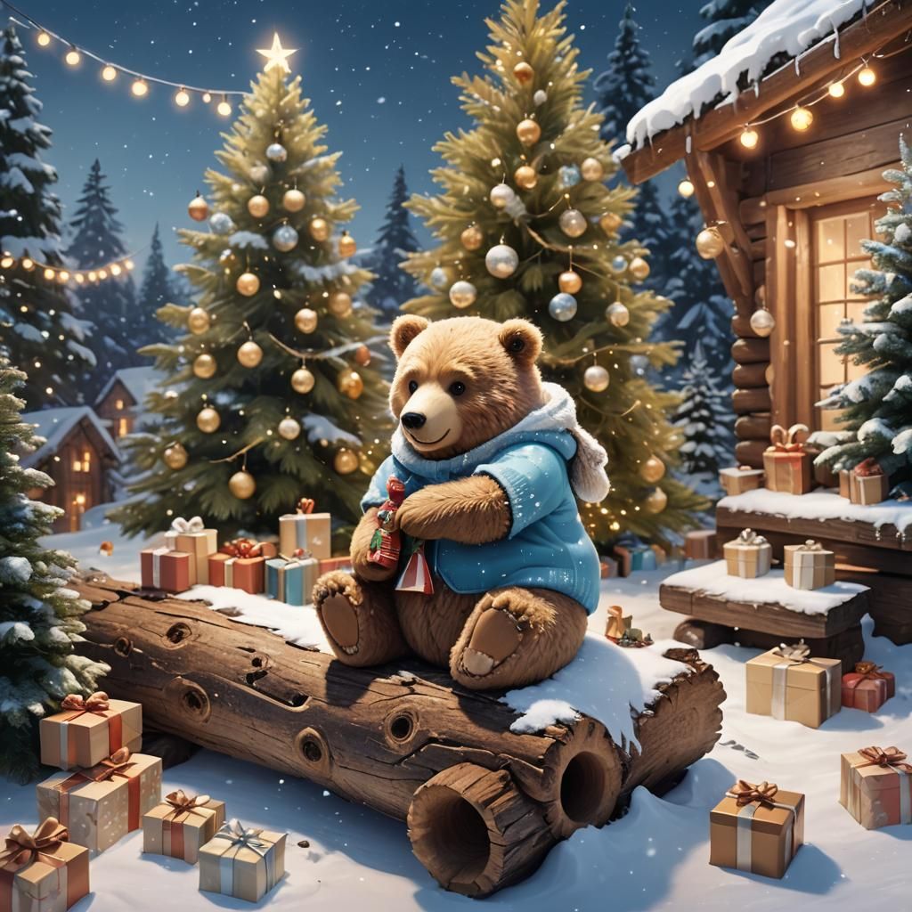 Cute Christmas Bear with Tree: Whimsical Digital Art